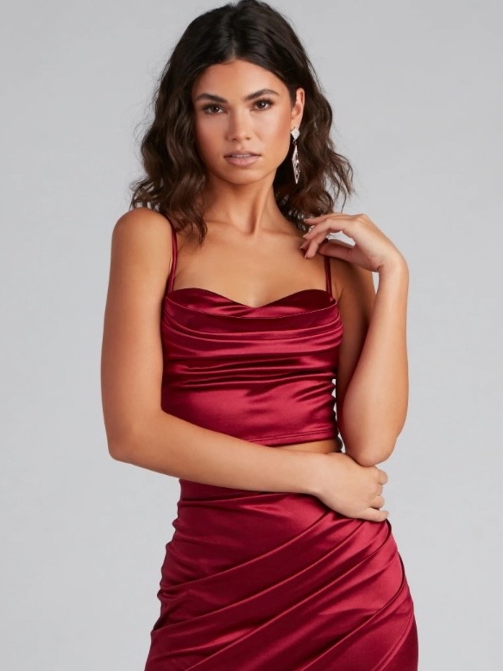 Crystal Doll Burgundy Satin Cowl Mini Dress